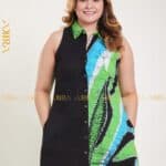 Sleeveless Long Batik Dress with Buttons - Black with multicolored design