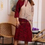 Short Batik Dress with Slit - White with Black and Maroon Design (Size 10)