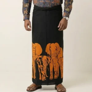 Batik Sarong for Men – Black with orange Elephant Print
